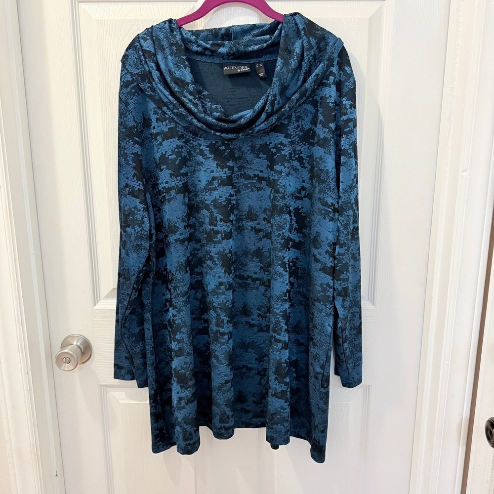 Attitudes by Renee Womens 3XP Blue Black Digital Print Long Sleeve Tunic Top